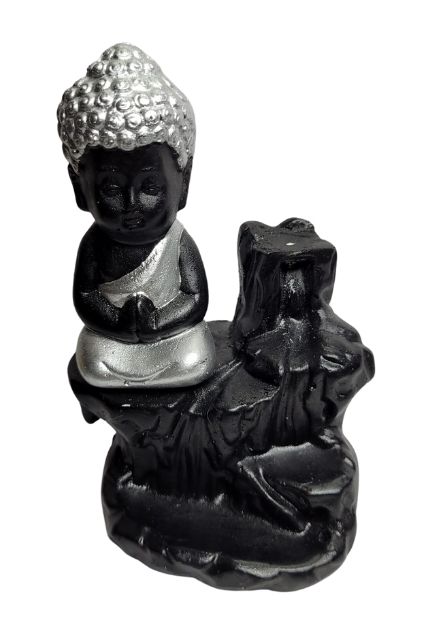 Incensário Cascata Buda Preto com Prata (11cm) 